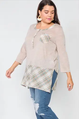 L LOVE Taupe Plaid Detail 3/4 Sleeve Top 2XL