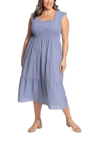 London Times  NEW Women's Gingham Smocked Top Midi Dress Blue Size Medium