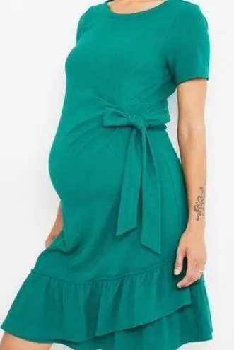 A pea in the pod EUC Side Bow Tie Ruffle Maternity Green MIDI Dress