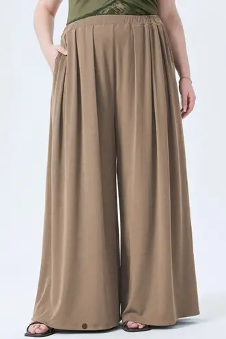 Cider Plus Size 1X Wide Leg Knit Pants Elastic Waist Pleated Casual Loungewear Tan