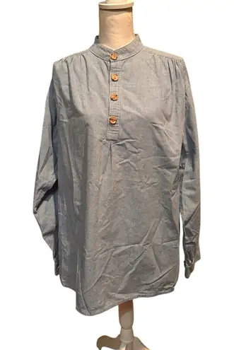 J. Peterman Co Popover Tunic Shirt Blue Check Mandarin Collar Button Front Med