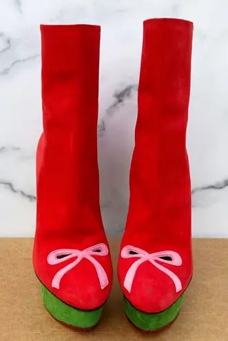 Charlotte Olympia Bella red yellow green suede colorblock mid-calf boots size 35