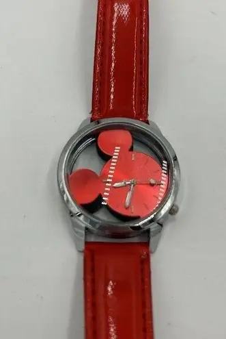 Disney  Mickey Ear Shaped Dial Watch Cherry Red Dial & Band Transparent