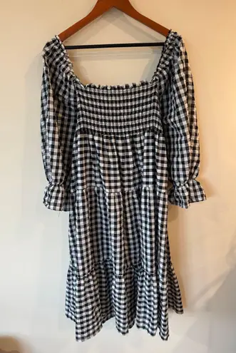 R.Vivimos Puff Sleeve Smocked Tiered Midi Dress Gingham Black Women's Size XL