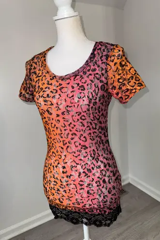 BKE Leopard Mesh Mini Dress Pink Orange Sheer Lace Hem Clubwear Size Small Y2K