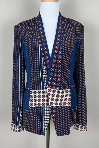 Central Park West Blazer Jacket Womens Small Navy Blue 100% Silk Geometric Open