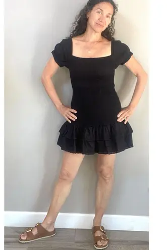 Maia Bergman Ada Smocked Black Puff Sleeve Drop Waist Mini Dress Size Small