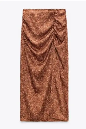 ZARA Animal Printed Midi Silky Skirt w High Slit Size Medium Gold/Brown