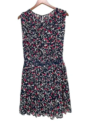 Joie  Halsette Dress 100% Silk Floral Pleated Blouson Lined Boat neck Navy Size M