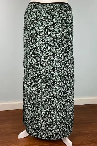 Vintage Blue  Maxi Skirt in Black Green All-Over Floral Side Slits Size Small