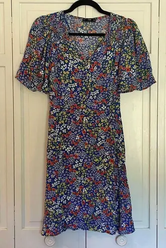 F&F  blue floral flutter sleeve A-line dress small