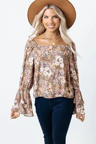 Peach Love California floral boho long bell sleeve flowy blouse Womens L