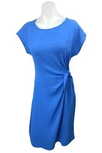See You Monday Blue Short Sleeve Tie Waist Round Neck A Line Midi Dress Size S