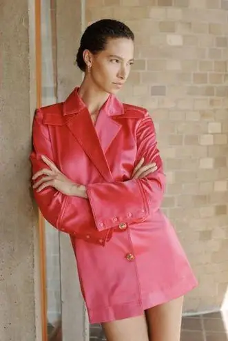 AJE Echo Mini Shirt Dress in Hot Pink Satin NEW Size 2