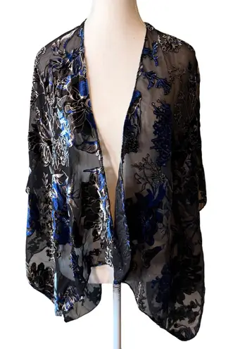 Sheer Floral Kimono Blue Black Burnout Shawl Whimsey Goth Open Front Evening Size L