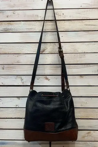 William B Will Leather Goods Black Brown Leather Drawstring Hobo Crossbody Shoulder Bag