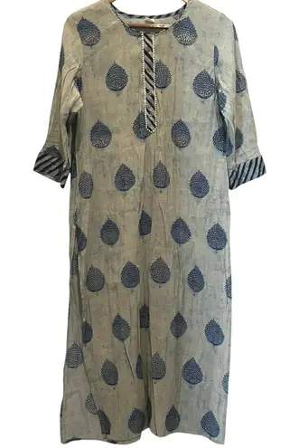 Women's 3/4 Sleeve Embellished Kurta Tunic Fits Up To Large Gray Blue Bead Boho