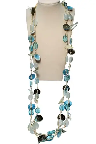 Blue Glass Bead Shell Multi Strand Necklace Extra Long 32" Beachy