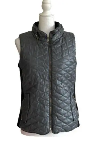 Poof! Poof Quilted Vest Deep Gray Faux Leather Quilted Knit Side Panel Pockets Small