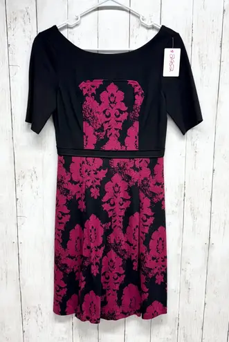 Tracy Reese Plenty Dress Women Sz 4 Black Red Damask Boat Neck Short Sleeve Midi