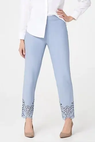 Dennis Basso Cloudy Blue Luxe Crepe Laser-Cut Ankle Pants Size Large Petite