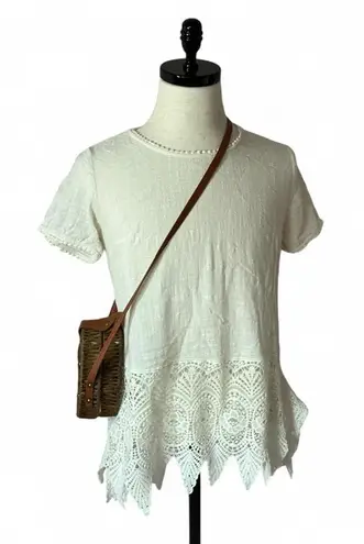 Solitaire White Lace Trim Tunic Top Short Sleeve Casual Bohemian Style Blouse