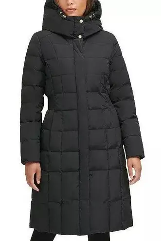 Cole Haan Women's Black Knee Length Hooded Quilted Down Coat Jacket