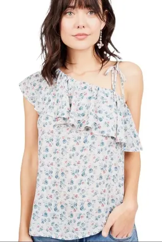 Octavia Bohemian Blue And White Floral Print One Shoulder Ruffle Top Size S