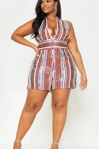 Pretty Little Thing  Multi Stripe Sequin Halterneck‎ Romper Sz 12 Baddie Party - Image 1
