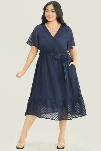 Bloomchic Plain Geometric Pocket Mesh Ruffle Sleeve Belted Wrap Dress Blue 10