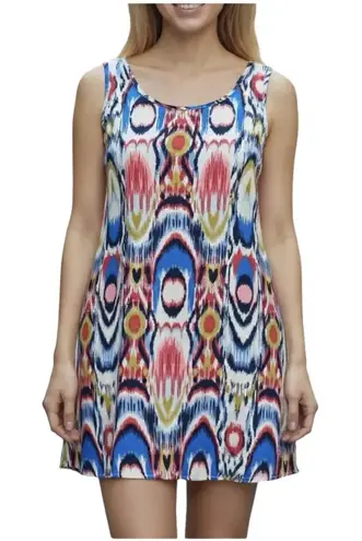 Peach Love California Peach Love Cream Ikat Colorful Sleeveless Keyhole Shift Dress MEDIUM Geometric