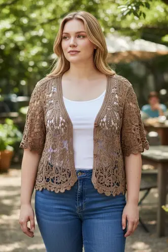 Nina Leonard Crochet Cardigan Brown 2X Open Weave Short Sleeve Button Front - Image 1