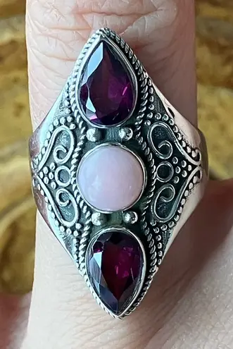 Natural Pink Opal Rhodolite Garnet Sterling Silver Ring Size 5.75