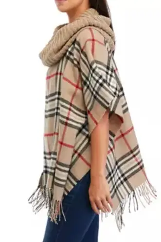 V. Fraas  Plaid Poncho With Cowl Knit Collar