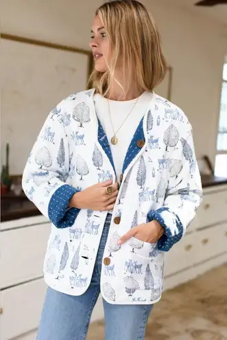 Emerson Fry Reversible Quilted Jacket Twin Fawn Organic Cotton Blue Large EUC