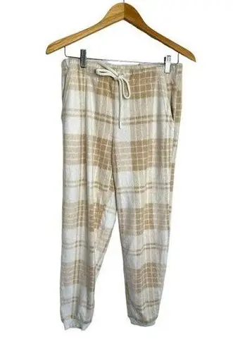 Aerie  Size Small Regular Fleece Pajama Pants Plaid Tan White Soft Jogger Style