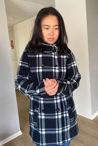 Ike Behar women’s double breasted fleece coat peacoat black/Ivory plaid Sz M Black Size M