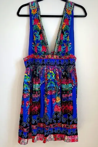 Camilla Blue floral Pretty Procession V neck silk mini dress L