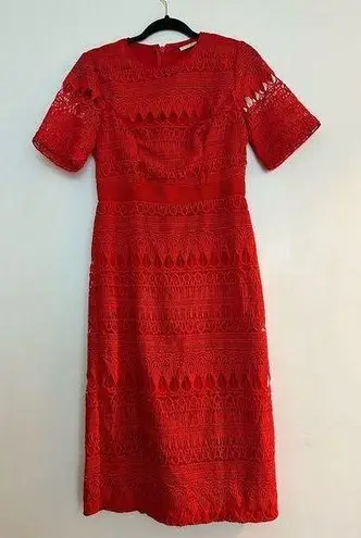 Eva Mendes Sheath Dress Red Lace Overlay Short Sleeve Modest Cocktail Party