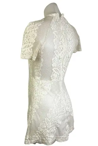 Glamorous White Lace Mock Neck Short Sleeve Sheer Mini A-Line Dress Size M
