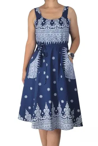 None Navy Blue Wrap Midi Dress Boho Print Fit And Flare A-line Pockets Summer Casual