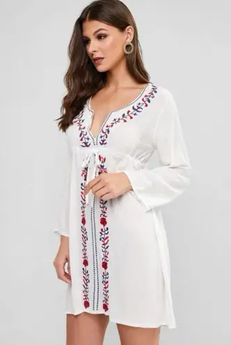 Boho Embroidered Tunic Dress OS/L Floral Plunge Neck Tunic Swim Coverup Kaftan White Size L