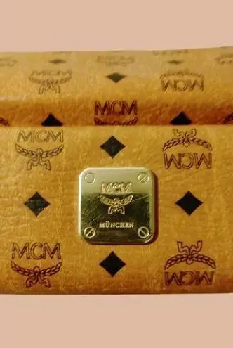 MCM Munchen Vintage Camel Brown Monogram Eyeglass Case Hard Shell 6x3x2 Leather