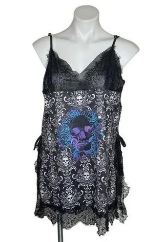 None SKULLS Lingerie Nighty Black White Purple Blue High Side Opening Lace Size XL