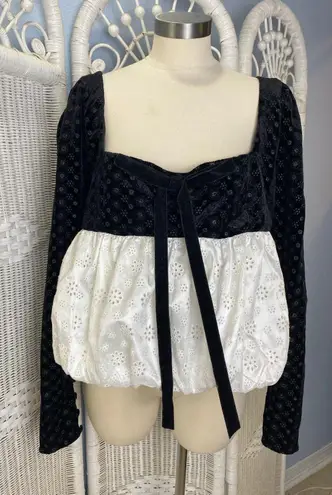 For Love & Lemons NWT XL Black Velvet White Eyelet Peplum Top Romantic Coquette