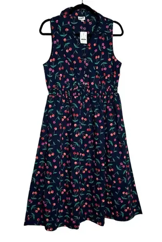 NWT J.Crew Factory Printed Sleeveless Collared Midi Dress Cherry Print Size 12P Blue