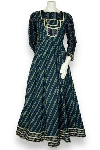 Idaho Clothing Indian Dress Maxi Scarf Set Dots Stripe Medium Cut Out Green Gold