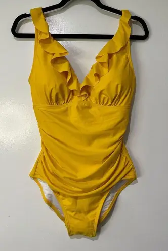 DKNY  Ruffle Plunge Underwire Tummy Control One Piece Yellow Swimsuit Size 10 NWT