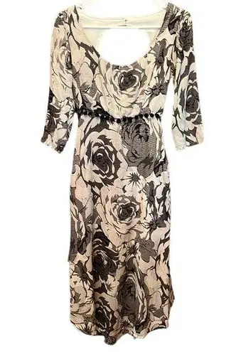 Line and Dot  Women’s black floral open back Pom Pom trim midi dress Size S NWT