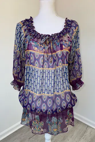 Say What? VTG Say What? Boho Sheer Peasant Blouse Purple Paisley Print Ruffle Neck Size L